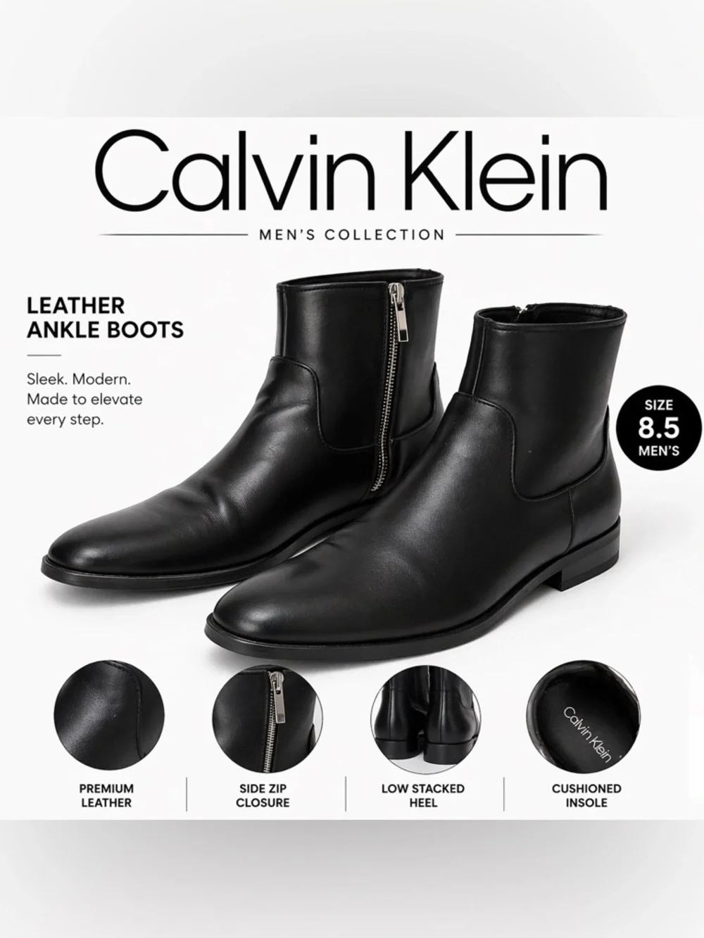 Calvin Klein Men’s Black Leather Side-Zip Ankle Boots